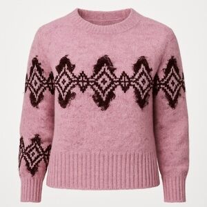 LOFT Pink Fair Isle Fringe Sweater XS | Boho Cozy Textured Knit